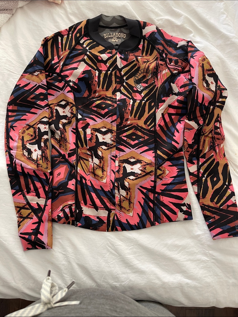 Billabong Pink, Black & Tan Geometric Surf Zip Front Rash Guard